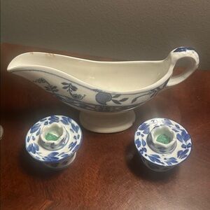 Blue Floral Candle Holders & Coordinating Gravy or Syrup Vintage Pourer